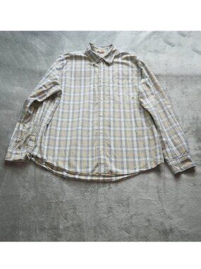 Timberland Plaid Button Down Shirt Mens XL Beige Blue Long Sleeve Cotton